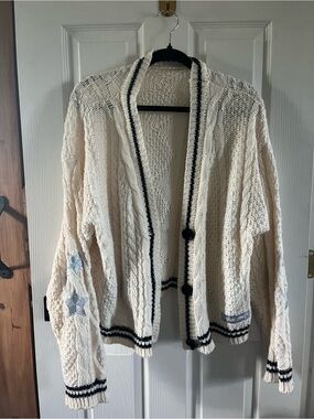 Taylor Swift Folklore Cardigan Dupe - Cream Cable Knit with Silver Stars - Small